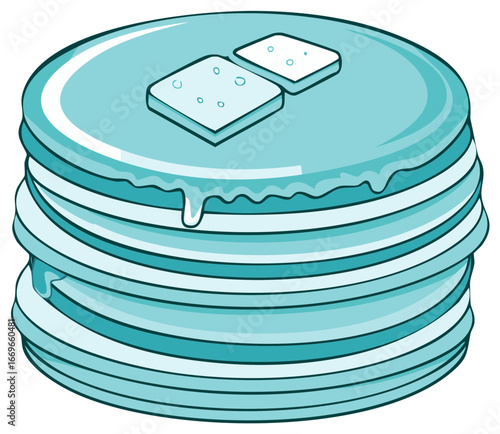 Stacked delicious pancakes with butter melting and dripping onto the stack in a cool color palette