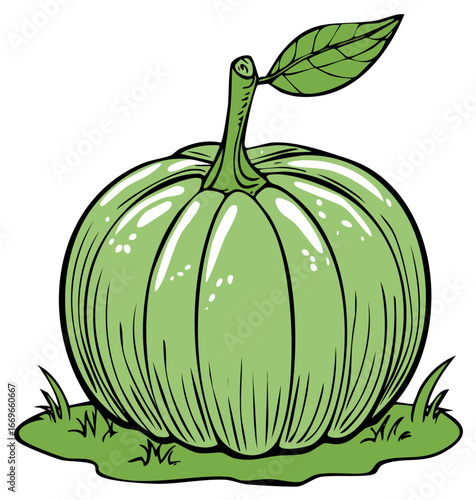 Vibrant green pumpkin squash illustration with stem leaf on grass