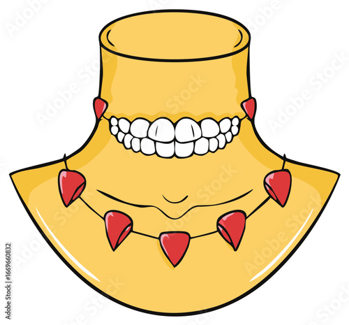 Mannequin head with necklace and teeth, stylized jewelry display with teeth and red gem necklace