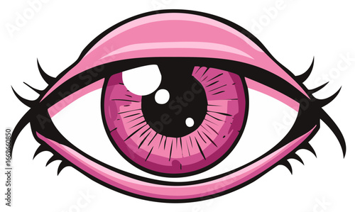 Vibrant Pink Anime Style Eye with Black Outline and Long Lashes