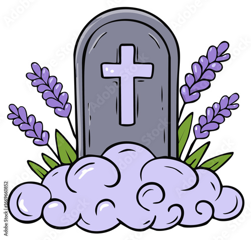 Tombstone with cross surrounded by lavender and clouds in a whimsical style