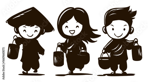 Happy children carrying baskets in traditional clothing illustrations