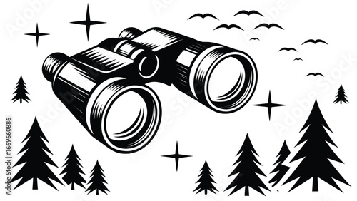 A monochrome illustration of binoculars amidst trees stars and birds in a scenic landscape view