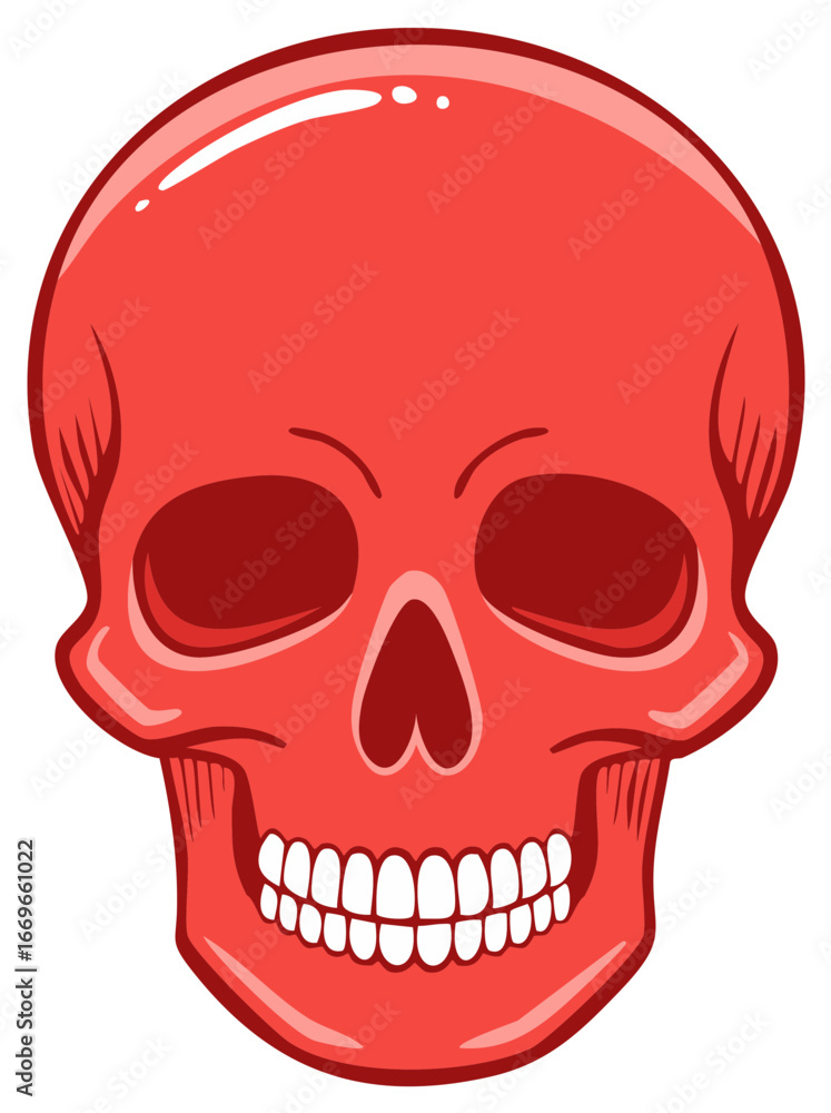 Fototapeta premium Red Anatomical Skull Graphic with Full Teeth and Glossy Finish, Simple Vector Icon Illustration