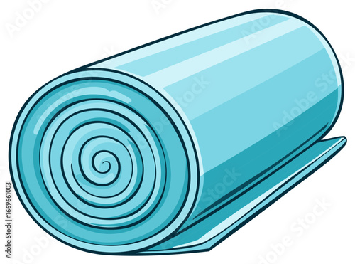 Rolled bright blue mat in cartoon illustration style for exercise and fitness concepts