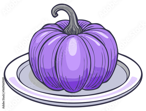 Cartoon Style Purple Pumpkin on a Plate Isolated Illustration