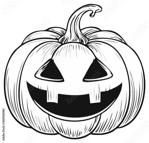 Spooky carved pumpkin jack o lantern monochrome Halloween illustration
