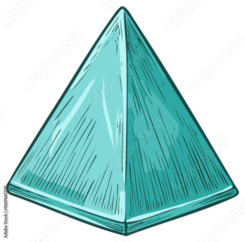 Geometric Teal Pyramid Shape with Hand Drawn Lines and Shadow Detail