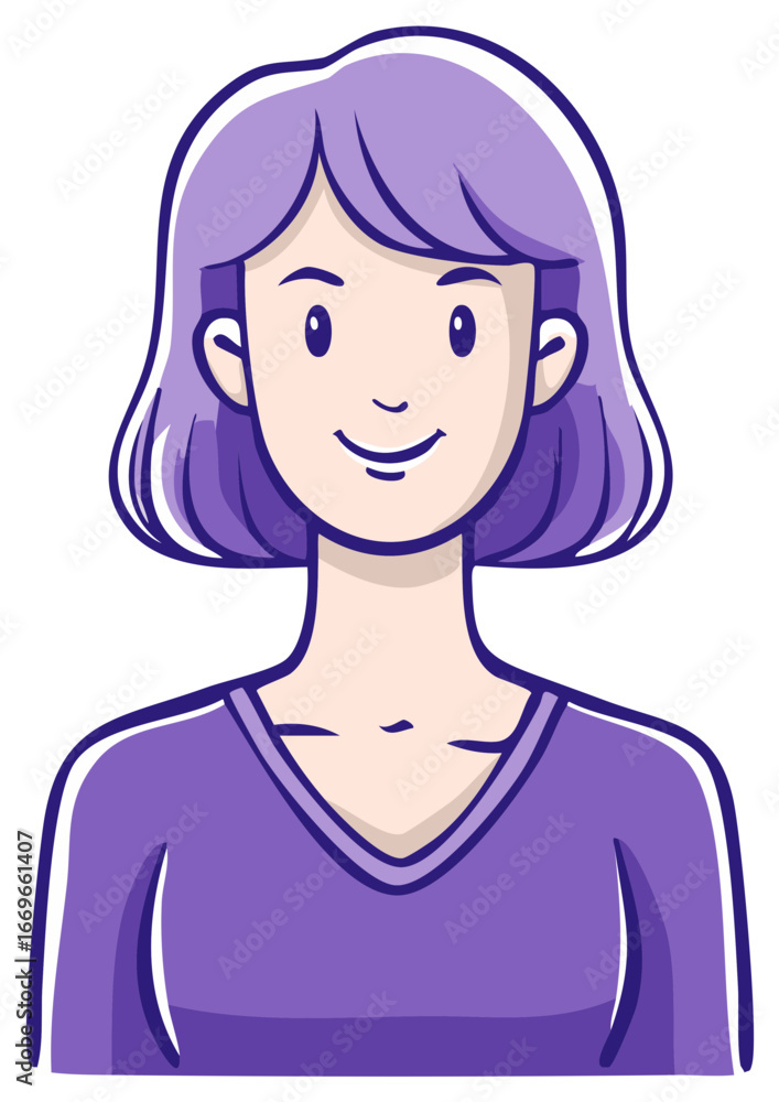 Smiling purple-haired woman cartoon illustration in modern flat vector style Smiling purple-haired woman cartoon illustration in modern flat vector style