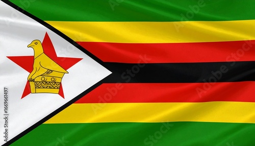 Create a vibrant digital illustration of the Zimbabwe flag featuring its symbolic stripes, red star, and iconic bird emblem.