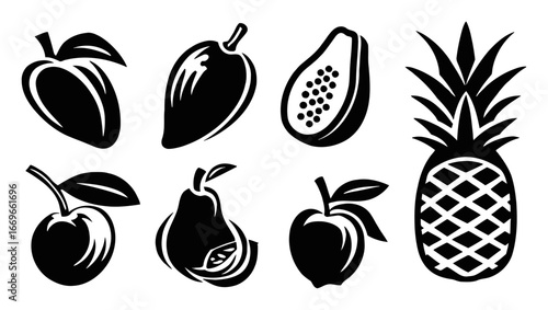 Black Silhouettes of Various Fruits Including Pineapple and Papaya