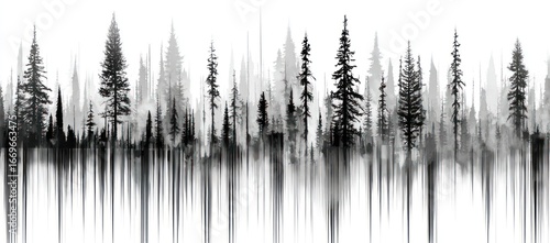 Black and white forest with blurred, abstract vertical lines suggesting water reflection