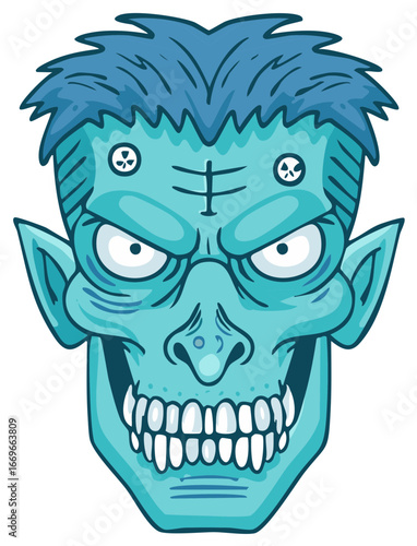Angry Blue Monster Head with Spiky Hair, Pointy Ears, and Exposed Teeth Illustration