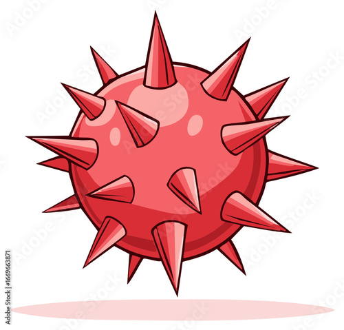 Cartoon Red Spiky Ball with Sharp Points and Shadow Illustration