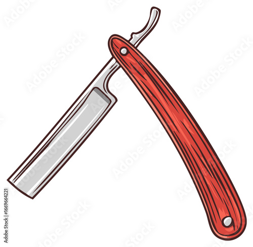 Vintage Straight Razor with Red Wood Handle Open for Shaving or Grooming