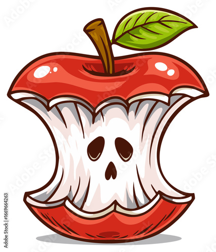 Scary apple core with cartoon skull face and green leaf