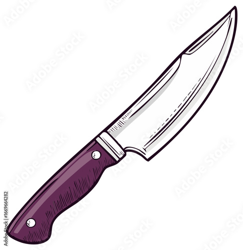 Illustrated sharp kitchen chef's knife with a gleaming metal blade and dark purple ergonomic handle.