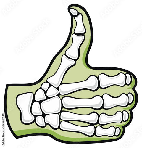 Skeleton hand giving a thumbs up gesture with green skin outline