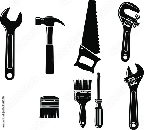 create need a Tool Icon set Instrument symbol, wrench, hammer, handsaw, print brush, screwdriver, adjustment wrench, victor illustration silhouette with white background.