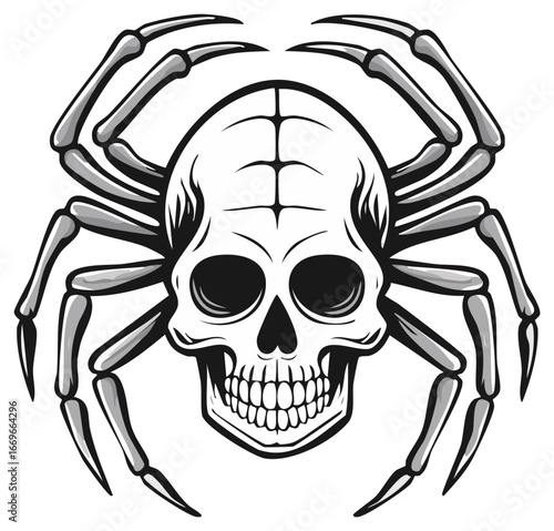 Skull spider illustration, creepy design with skull head and spider legs, vector art.