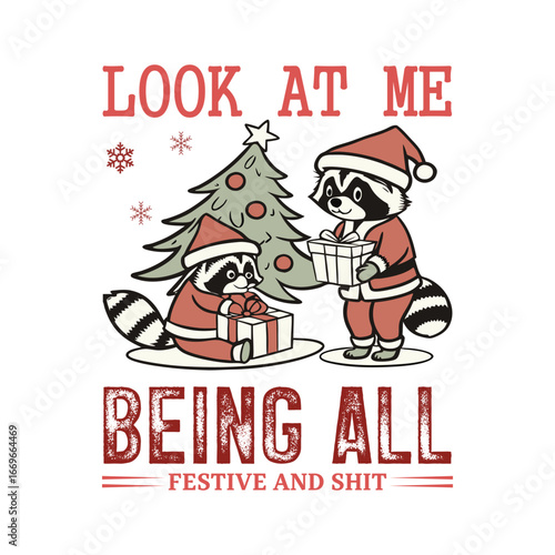 Funny Christmas Raccoon Clipart – Cute Festive Holiday Animal with Gifts and Tree