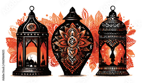 Vibrant Abstract Illustration of Decorative Lanterns with Floral Elements
