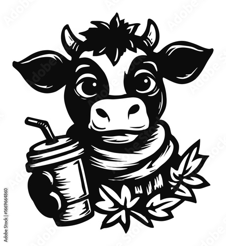 Cute Cartoon Cow with Drink and Scarf Surrounded by Leaves
