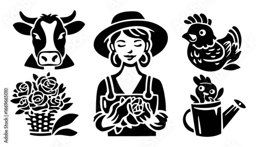 Farm Icons Collection with Cow, Hen, Flowers, and Gardener Illustration