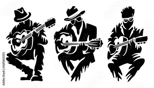 Silhouetted Musicians Playing Acoustic Guitar in Stylish Attire
