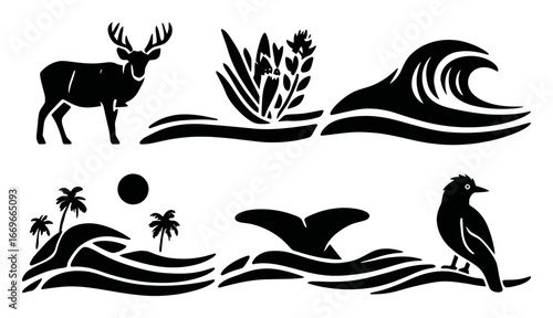 Black Silhouette of Nature Elements Including Deer, Waves, and Plants