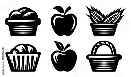 Black and White Icons of Baskets with Fruits and Grains for Design Use