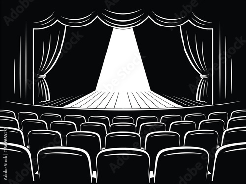 Vintage Theater Stage Illustration with Spotlight and Curtains.