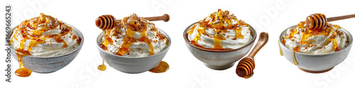 Whipped cream dessert with honey drizzle isolated on transparent background