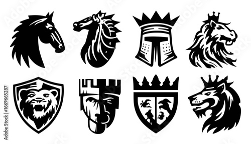 Black and White Animal and Armor Emblems for Creative Design Projects