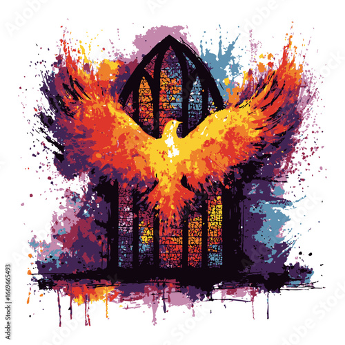 Colorful Abstract Illustration of a Phoenix Emerging from a Window
