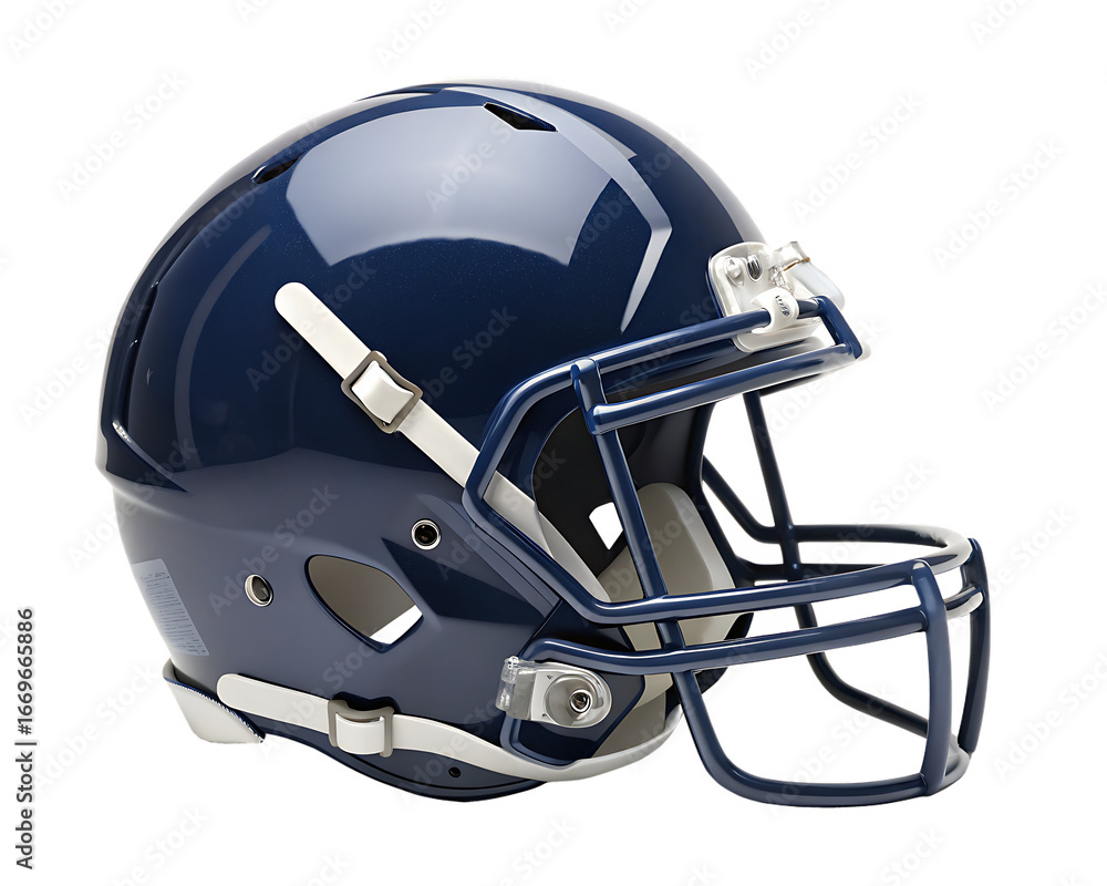Fototapeta premium Navy Blue American Football Helmet with Silver Face Mask and White Straps sport protective gear isolated on a transparent background