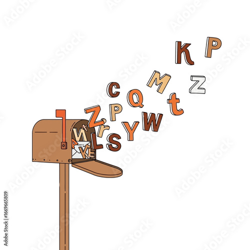 Illustration of a brown mailbox with letters spilling out against a white background