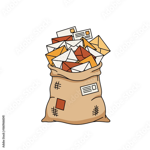 Cartoon illustration of a full mail bag with envelopes, letters, and parcels on white background