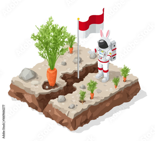 Astronaut in 3D Cartoon Garden with Carrots and Flag Representation