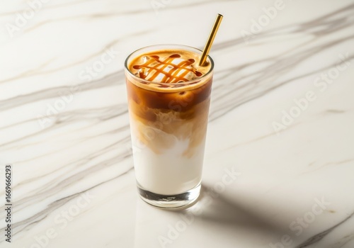 Iced caramel macchiato in clear glass, golden straw, placed on luxury marble surface, highly, detailed, soft lighting, cinematic style, warm tones