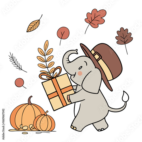 Charming SVG of a Shy ElephantElephant featuring carrying a gift box, styled in a Thanksgiving theme with Harvest Blessings hues