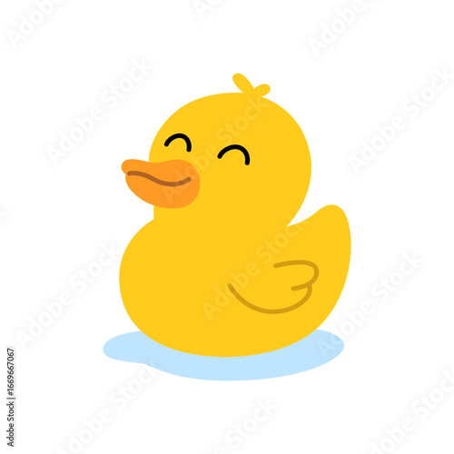 Smiling yellow rubber duck cartoon vector illustration. Fun and cute bath toy design for prints, kids decor, and merchandise.