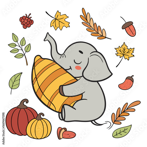 A Sleepy ElephantElephant with hugging a pillow in a Thanksgiving theme – Harvest Blessings palette SVG illustration