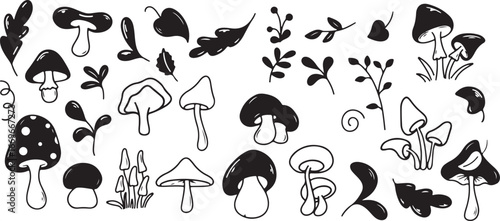 Mushroom and Nature Vector Illustrations with Forest Theme, Black and White, Creative, Illustrative, Whimsical, Botanical, Artistic, Elegant, Detailed, Minimalist, Organic, Decorative, Fun, Charming, 