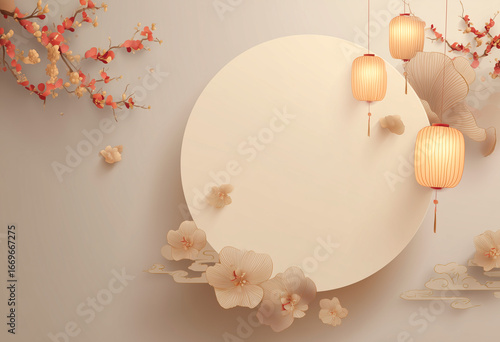 Mid Autumn Festival Background with Lanterns and Blossoms in 3D Paper Art