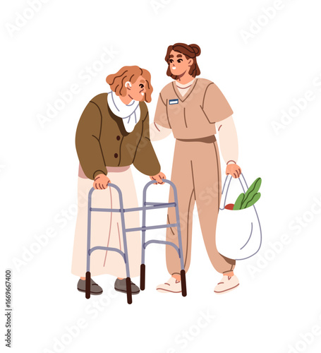 Grandmother with disability walks with walker, nurse. Social worker helps old woman, carries groceries. Caregiver cares, assists senior granny with walking. Flat isolated vector illustration on white
