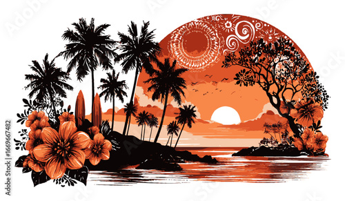 Tropical Sunset Illustration with Palms and Floral Design Elements