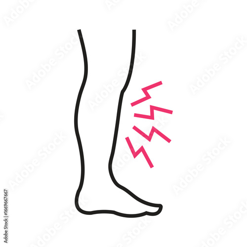Minimalist outline showing leg pain with sharp pink lines on a white background
