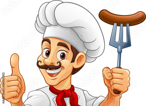 A chef cartoon barbecue cook man giving a thumbs up and holding a hotdog or grilled sausage a BBQ or cooking fork and peeking around sign or menu, mascot character illustration