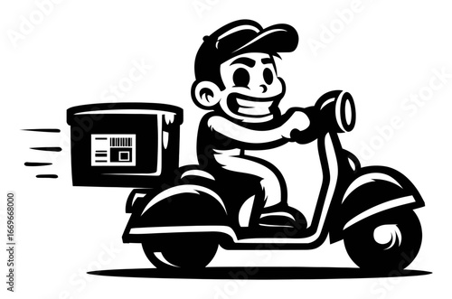 Cheerful Delivery Rider on Scooter with Package in Black and White Style